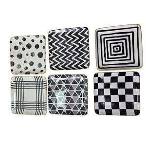 OVER AND BACK Black White Whimsy Appetizer Dessert Ceramic Square Plate Set of 6